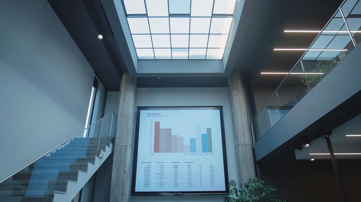 a sleek modern office with a newly installed skylight, illuminating the space with vibrant natural light while highlighting a graph on a digital screen showcasing energy savings and property value increase.