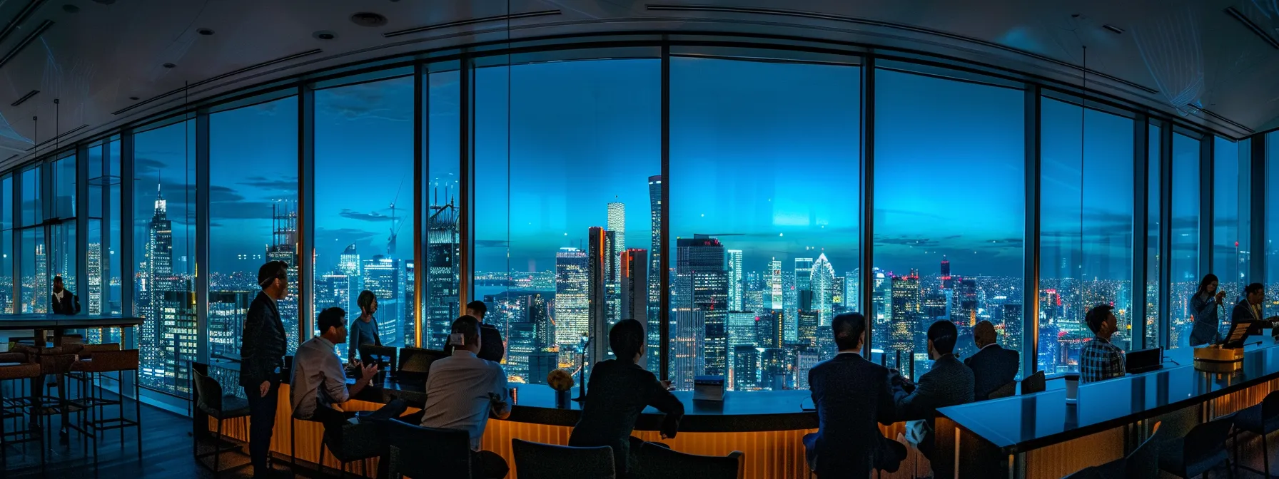 a sleek, modern office with a panoramic city skyline backdrop, illuminated by dynamic lighting, showcasing a group of diverse professionals engaged in an animated strategy discussion around a high-tech conference table.