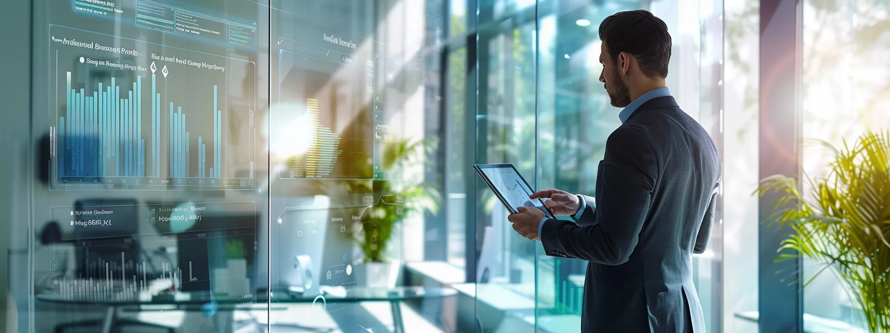 a sleek, modern office with a focused businessman analyzing a detailed pricing chart on a digital tablet, surrounded by vivid infographics illustrating the cost-effectiveness of online reputation management services against a backdrop of glass walls and contemporary furnishings.
