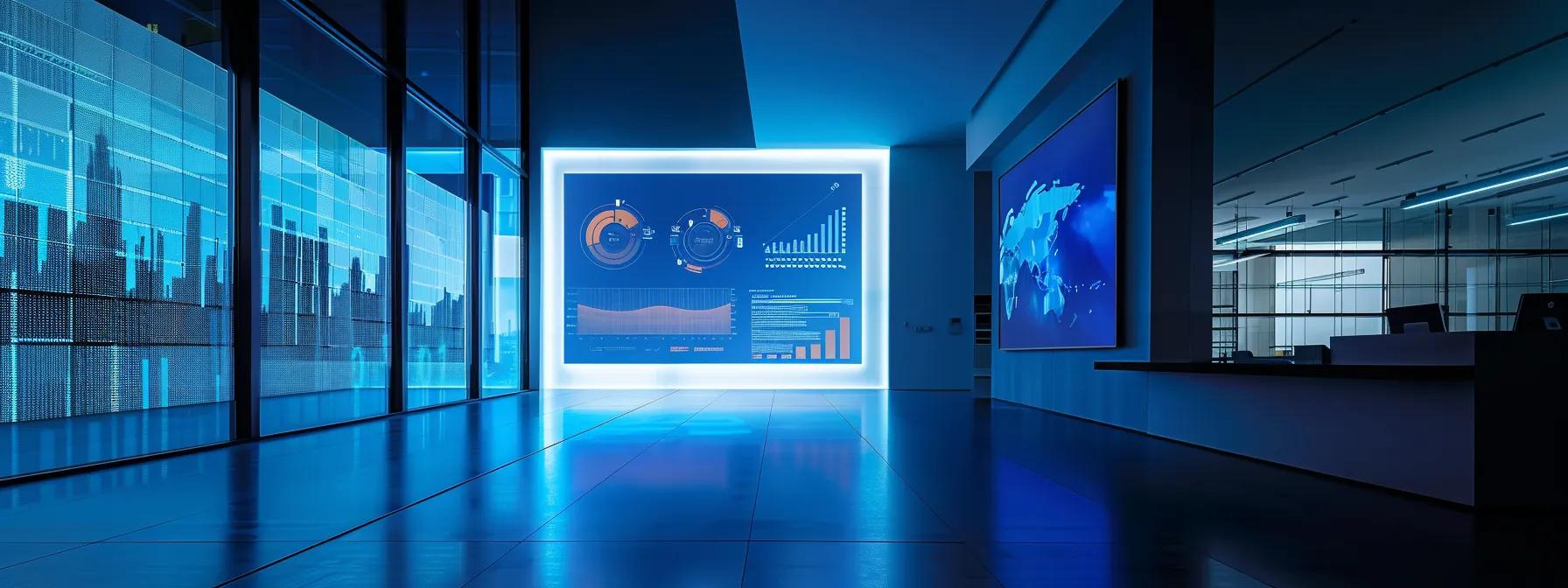 a sleek, modern office with a large digital display showcasing colorful graphs and data analytics related to google advertising cost models, illuminated by dynamic blue and white lighting that emphasizes a tech-savvy atmosphere.