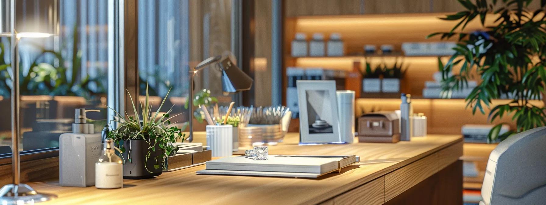 a sleek, modern office workspace featuring a polished wooden desk with an open guide on ring cleaning methods, alongside a sparkling diamond ring and cleaning supplies neatly arranged, all under bright, focused lighting.