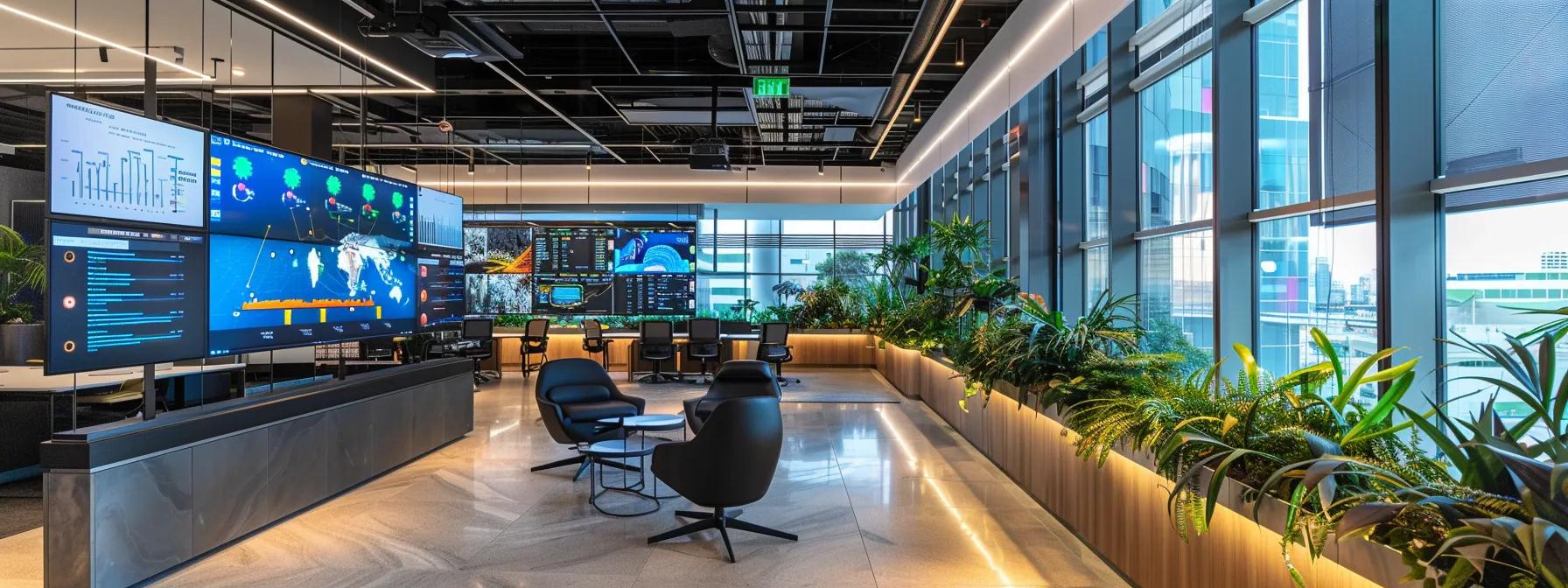 a sleek, modern office workspace features a vibrant digital dashboard displaying real-time seo metrics and ai analytics, with futuristic data visualizations and a sharp focus on the integration of technology and strategy in an urban setting.