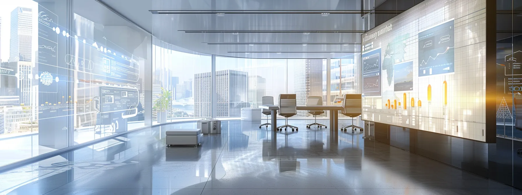 a sleek, modern office workspace features a large touchscreen interface displaying complex analytics dashboards, with a backdrop of high-tech marketing tools, symbolizing the strategic integration of ai in content optimization for enhanced online visibility.
