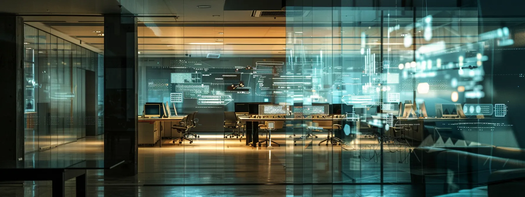 a sleek, modern office workspace is illuminated by dynamic computer screens displaying complex algorithms and user query analyses, symbolizing the intersection of machine learning and natural language processing in enhancing ai visibility.