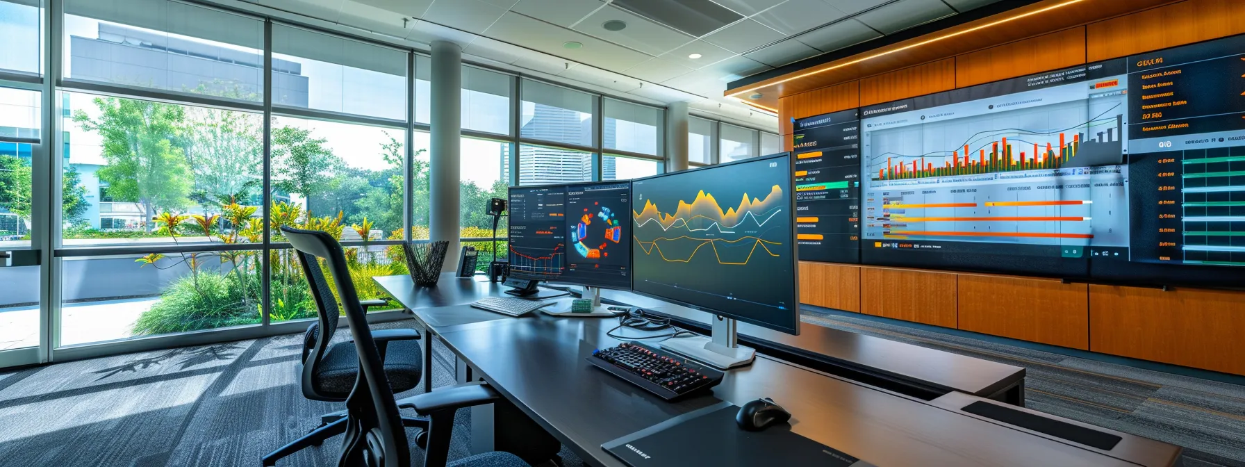 a sleek, modern office workspace features a high-tech computer screen displaying vibrant graphs and ai analytics dashboards, showcasing the efficiency of local marketing automation for asphalt paving businesses in 2025.