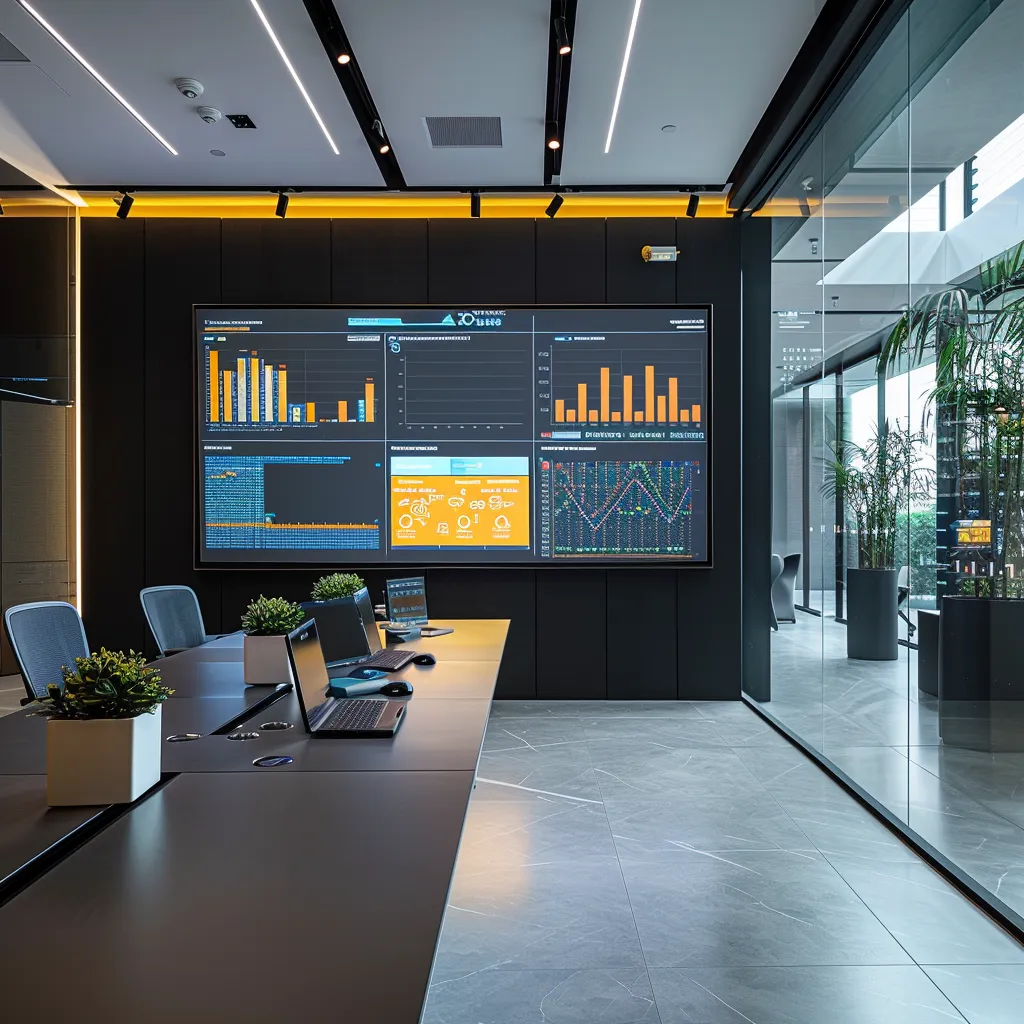 a sleek, modern office workspace showcases a virtual consultation on solar financing solutions, with a large screen displaying vibrant charts and graphs, highlighting energy savings and financial benefits.