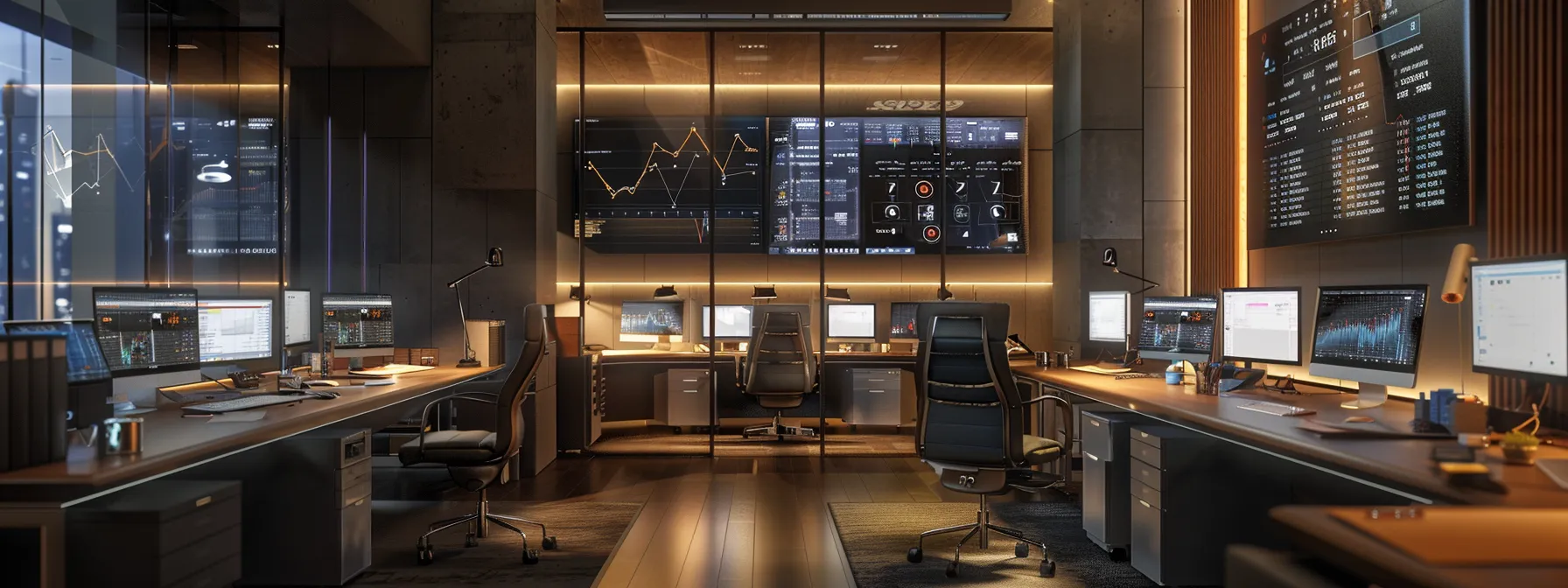 a sleek, modern office workspace showcases multiple computer screens displaying intricate data visualizations and sentiment analysis graphs, illuminated by warm, focused lighting that emphasizes the technological theme of nlp tools and applications.