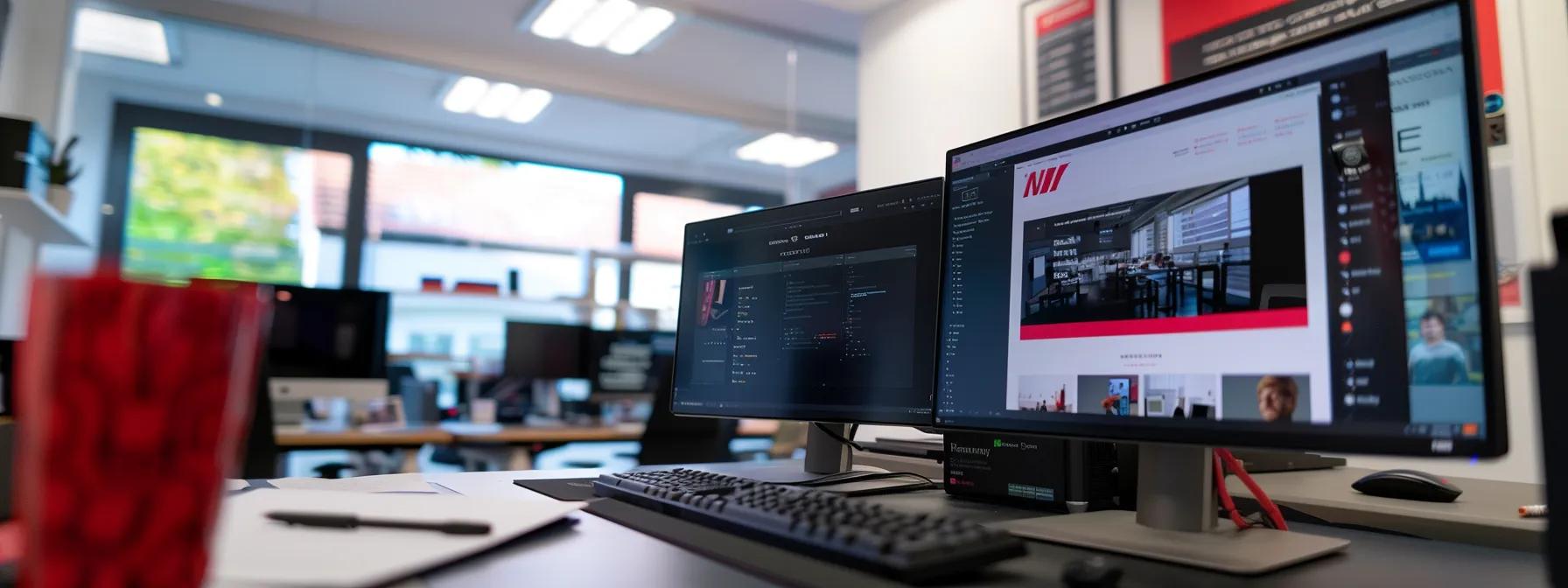 a sleek, modern office workspace with a stylish computer setup showcasing a beautifully designed website on the screen, accentuated by professional branding elements like cohesive colour schemes and typography that reflect a strong brand identity.