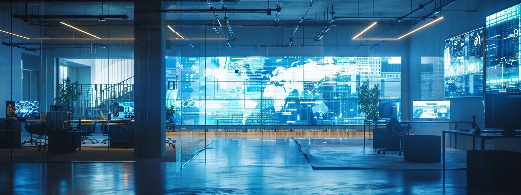 a sleek, modern office workspace filled with digital screens displaying innovative mental health awareness campaigns, bathed in dynamic blue and white lighting that evokes a sense of technology and forward-thinking.