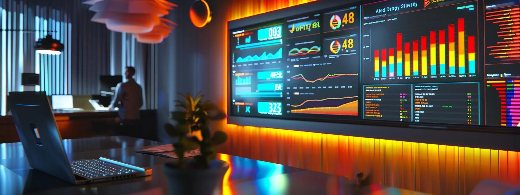 a sleek, modern office workspace features a digital dashboard displaying colorful graphs and analytics on ppc strategies, with a focused professional analyzing data on a laptop, illuminated by vibrant led lighting.