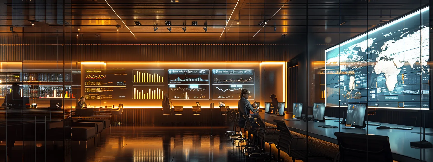 a sleek, modern office workspace features a large screen displaying dynamic graphs and charts analyzing sentiment scores, while a diverse group of professionals engage in a collaborative discussion, surrounded by digital insights on natural language processing and text data analysis.