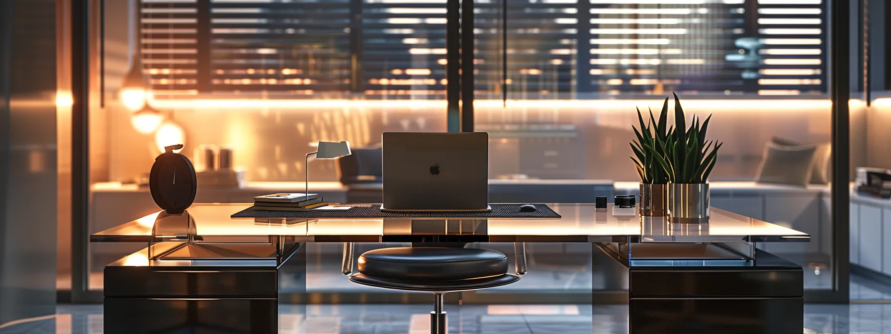 a sleek, modern office workspace features an elegant glass desk with a minimalistic laptop and sophisticated decor, illuminated by warm overhead lighting that casts soft shadows, emphasizing a professional atmosphere.
