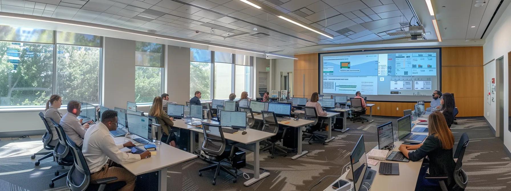 a sleek, modern office workspace showcases a diverse group of professionals engaged in a collaborative training session for attendance software, surrounded by high-tech monitors displaying data analytics and user feedback, all bathed in bright, focused lighting to emphasize productivity and efficiency. a sleek, modern office workspace showcases a diverse group of professionals engaged in a collaborative training session for attendance software, surrounded by high-tech monitors displaying data analytics and user feedback, all bathed in bright, focused lighting to emphasize productivity and efficiency.