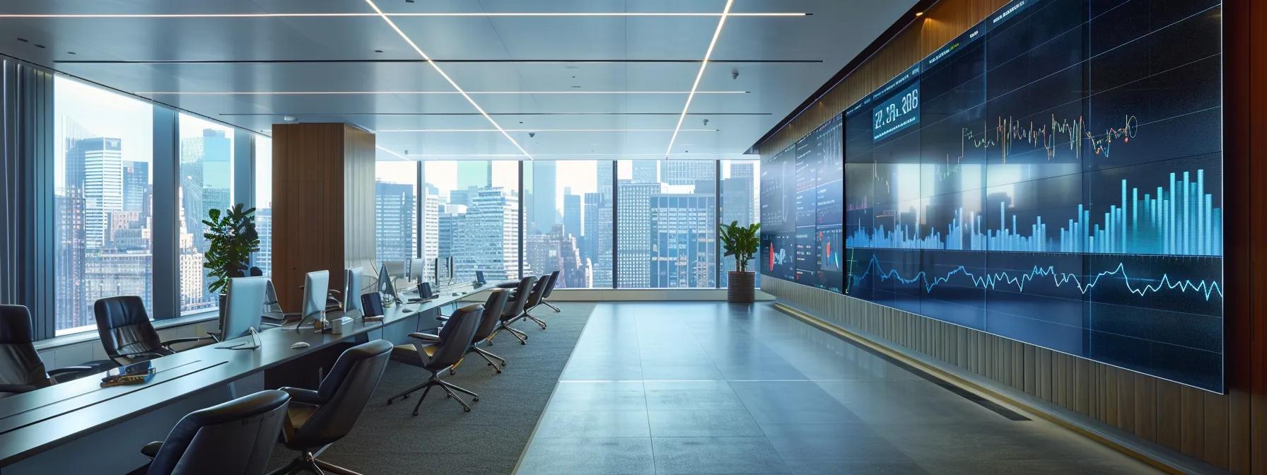 a sleek, modern office workspace features a large digital screen displaying complex analytics and graphs, symbolizing the impact of ai algorithms on content visibility across various digital platforms.