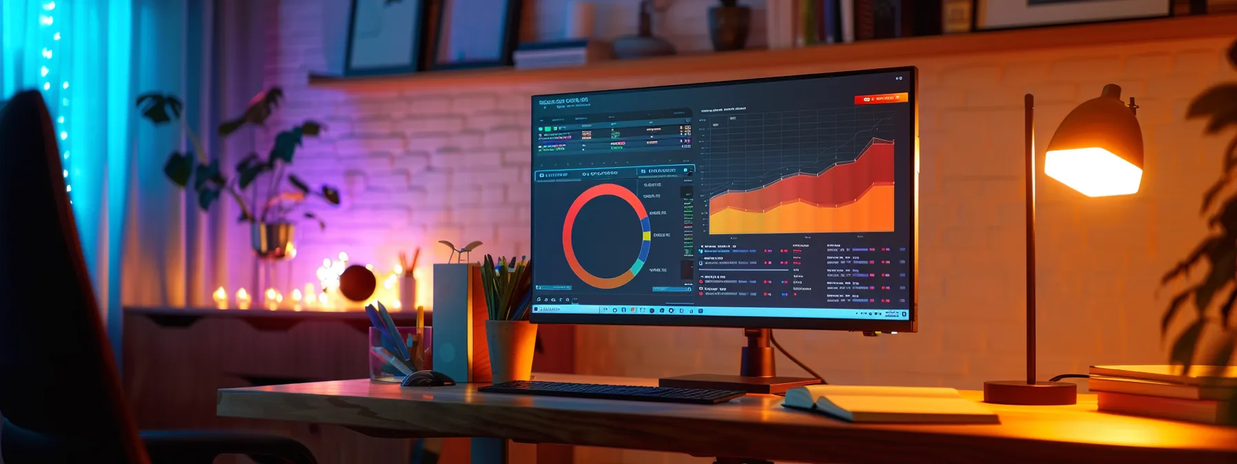 a sleek, modern office workspace is illuminated by warm ambient lighting, featuring a computer monitor displaying colorful graphs and analytics to represent email marketing performance, while a notepad rests nearby with strategically organized notes on segmentation and audience engagement. a sleek, modern office workspace is illuminated by warm ambient lighting, featuring a computer monitor displaying colorful graphs and analytics to represent email marketing performance, while a notepad rests nearby with strategically organized notes on segmentation and audience engagement.