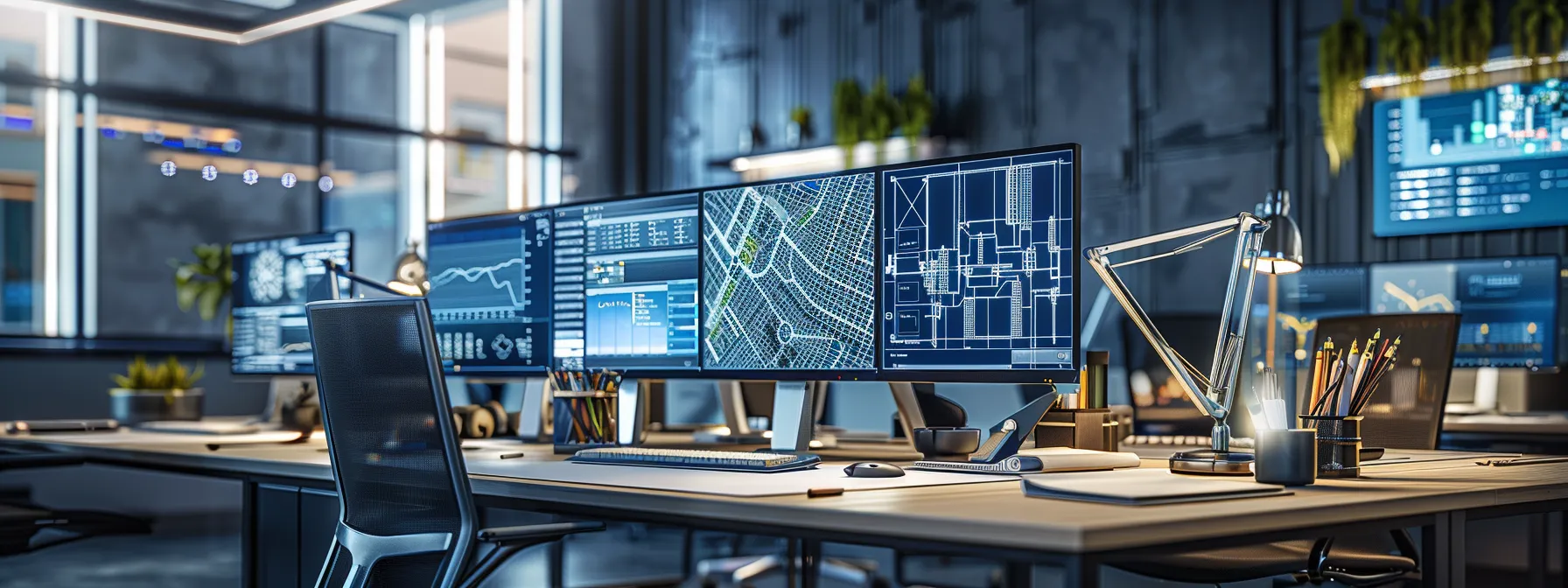 a sleek, modern office workspace is dominated by multiple computer screens displaying sophisticated architectural design software interfaces, with striking 3d models and intricate blueprints illuminated by soft artificial lighting, emphasizing the technological advancements in architectural design for 2025.