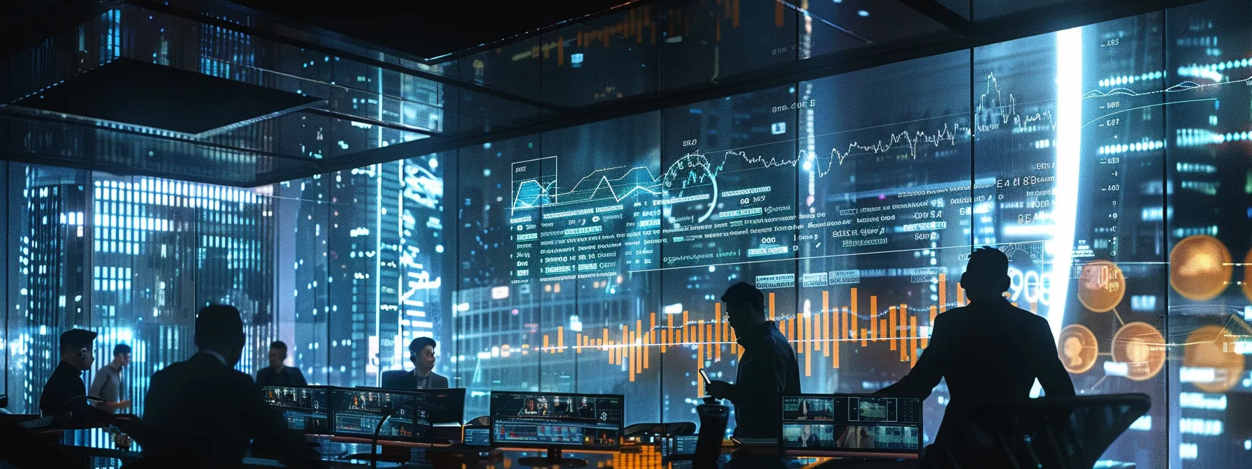 a sleek, modern office workspace features a large digital screen displaying dynamic graphs and analytics, illustrating the advantages of nlp-enhanced document automation in retail, with a diverse group of professionals engaged in a focused discussion around a high-tech conference table.