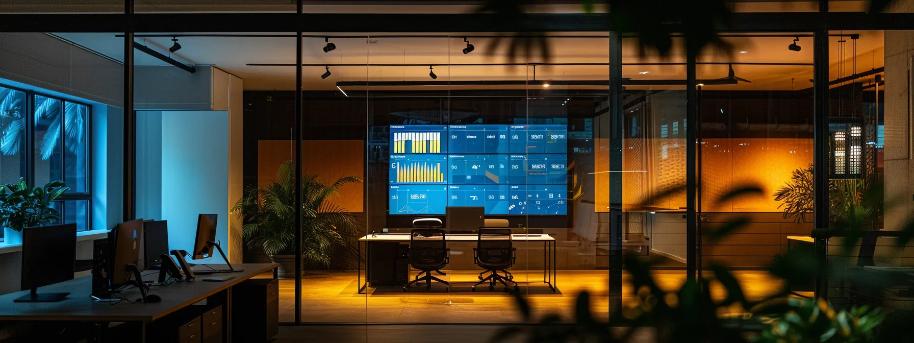 a sleek, modern office workspace is illuminated by warm artificial lighting, featuring a large digital screen displaying vibrant analytics and website metrics, symbolizing the dynamic growth strategies for small businesses enhancing their online presence. a sleek, modern office workspace is illuminated by warm artificial lighting, featuring a large digital screen displaying vibrant analytics and website metrics, symbolizing the dynamic growth strategies for small businesses enhancing their online presence.