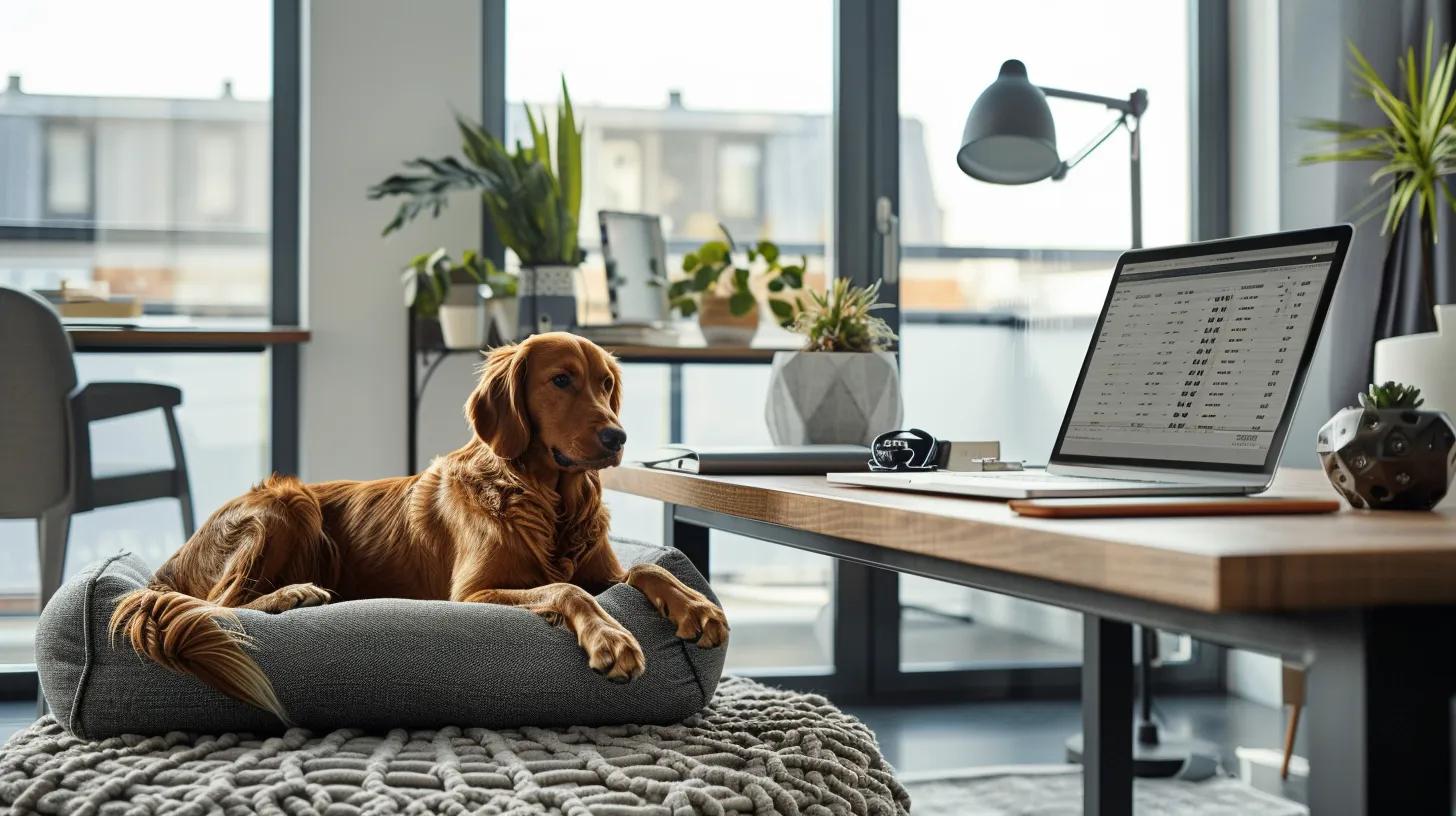 a sleek, modern office workspace features a stylish desk with a laptop open to a budgeting spreadsheet, alongside a luxurious indestructible dog bed prominently displayed, symbolizing the thoughtful investment in pet care. a sleek, modern office workspace features a stylish desk with a laptop open to a budgeting spreadsheet, alongside a luxurious indestructible dog bed prominently displayed, symbolizing the thoughtful investment in pet care.