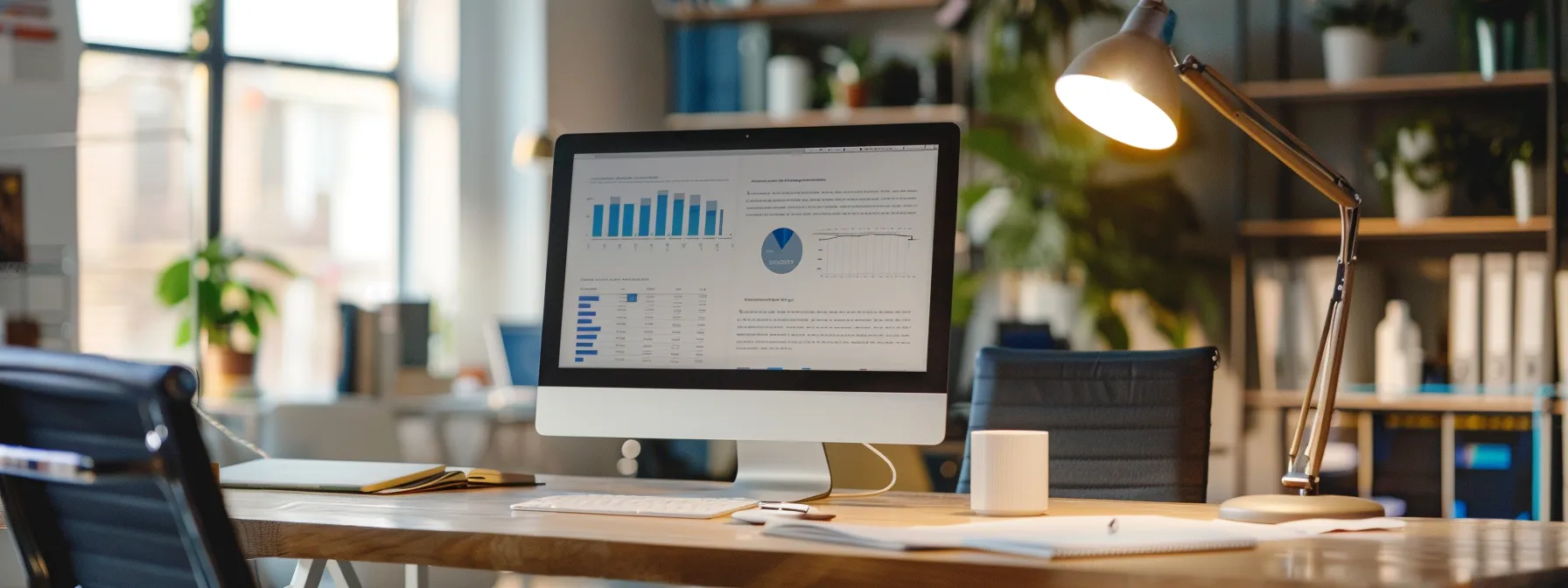 a sleek, modern office workspace features a computer screen displaying reputation management software, accompanied by open articles and guides scattered on a polished desk, symbolizing strategic digital marketing insights for asphalt paving business owners.