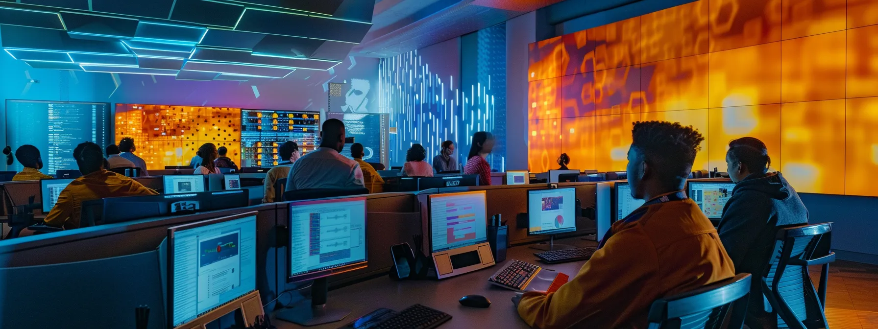 a sleek, modern office workspace showcases a diverse group of instructors collaboratively designing engaging online courses on high-tech computers, with vibrant digital interfaces displaying upgraded tools and multimedia features. a sleek, modern office workspace showcases a diverse group of instructors collaboratively designing engaging online courses on high-tech computers, with vibrant digital interfaces displaying upgraded tools and multimedia features.