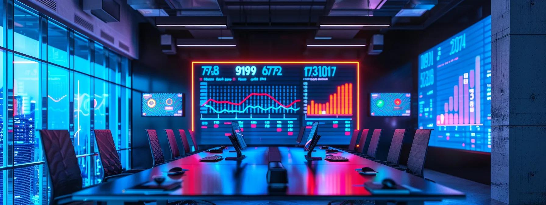 a sleek, modern office workspace featuring multiple digital screens displaying vibrant graphs and analytics related to google advertising budgets, illuminated by focused overhead led lighting that emphasizes the high-tech atmosphere of data-driven decision-making.