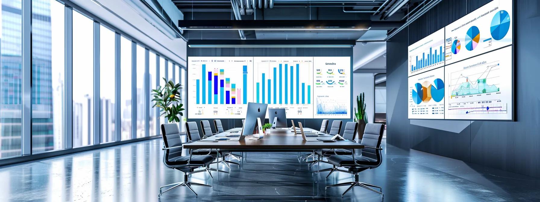 a sleek, modern office workspace filled with high-tech screens displaying vibrant analytics and graphs, where a diverse team of professionals engages intensely with ai-driven data to enhance audience engagement strategies.