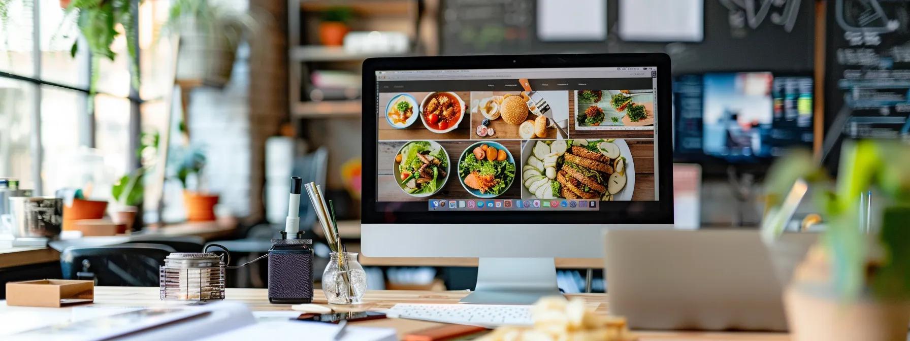 a sleek, modern office workspace showcases a computer screen displaying a vibrant virtual restaurant menu, surrounded by planning documents and a smartphone with a food delivery app open, highlighting the essence of digital entrepreneurship in the culinary industry.
