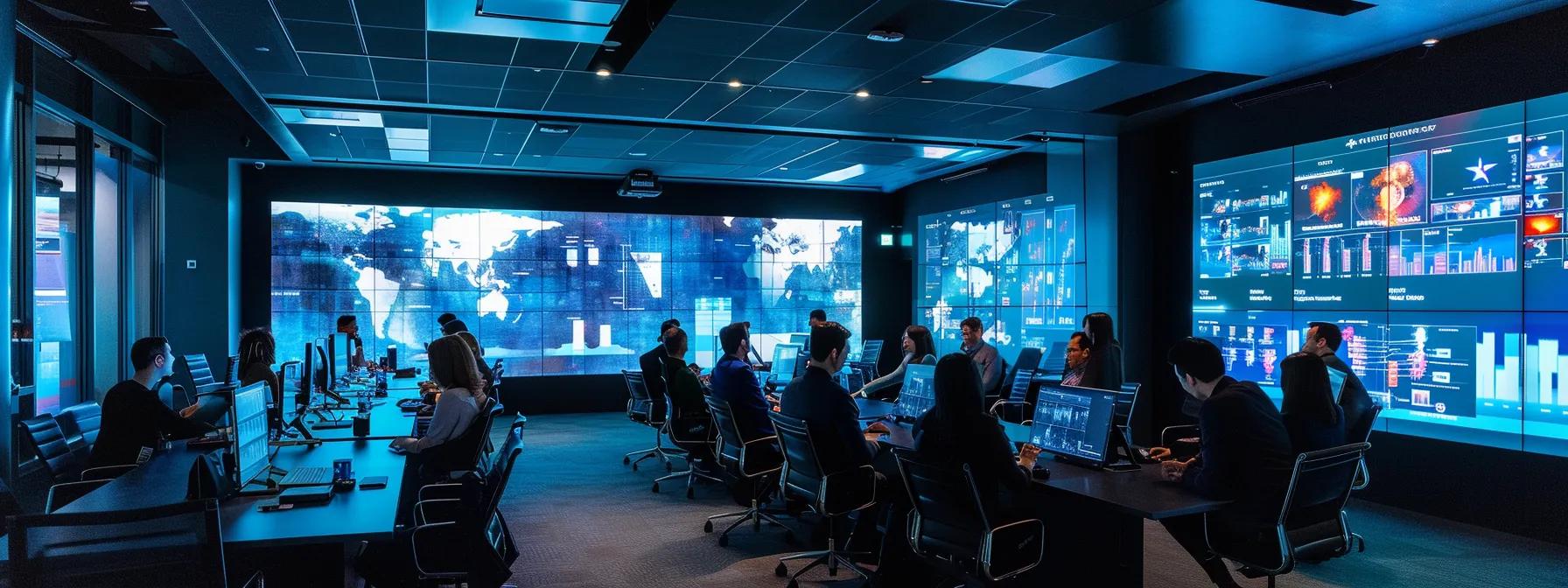 a sleek, modern office workspace is filled with professionals engaged in a dynamic strategy meeting, surrounded by large screens displaying vibrant infographics and video clips highlighting tailored television coverage strategies for various industries.