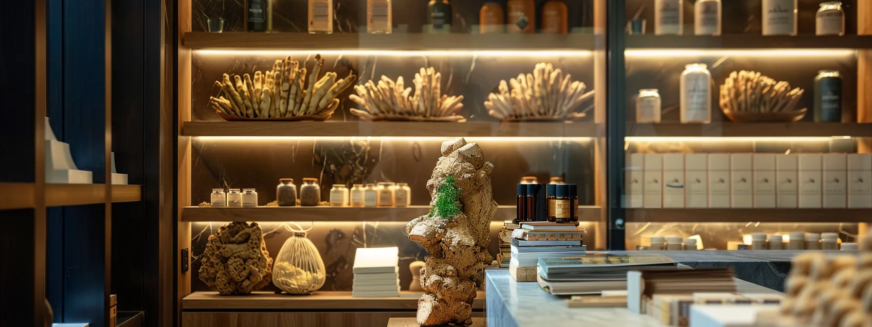 a sleek, modern office workspace features an elegant display of ashwagandha roots and traditional medicine books, illuminated by soft, ambient lighting that highlights its historical significance and contemporary relevance in stress management. a sleek, modern office workspace features an elegant display of ashwagandha roots and traditional medicine books, illuminated by soft, ambient lighting that highlights its historical significance and contemporary relevance in stress management.