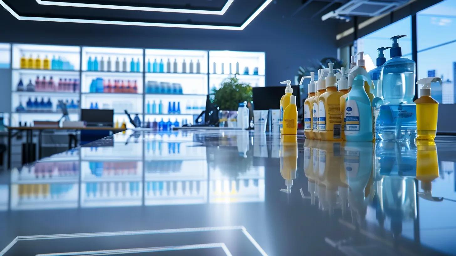 a sleek, modern office workspace displays an array of professional commercial cleaning products neatly organized on a polished conference table, highlighting their specialized designs and vibrant packaging under bright, focused lighting. a sleek, modern office workspace displays an array of professional commercial cleaning products neatly organized on a polished conference table, highlighting their specialized designs and vibrant packaging under bright, focused lighting.