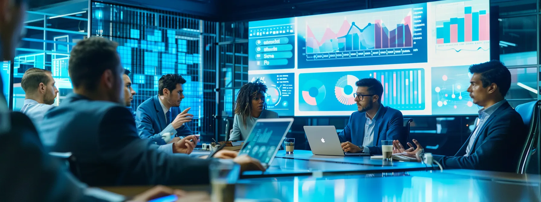a sleek, modern office workspace features a large digital screen displaying a vibrant infographic of inbound and outbound marketing strategies, surrounded by professional team members engaged in dynamic discussions and analysis.
