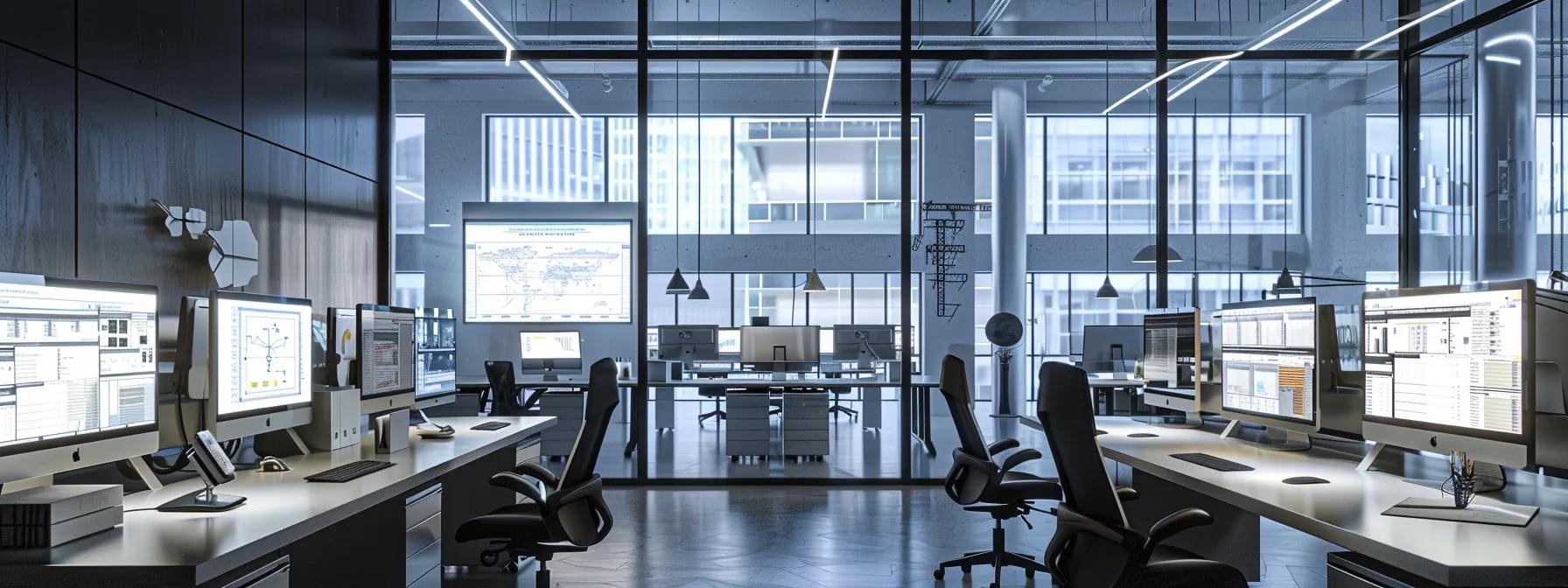 a sleek, modern office workspace features multiple computer screens displaying intricate floor plan software interfaces, seamlessly integrated with various design and project management tools, illuminated by soft, focused lighting that enhances the high-tech ambiance.