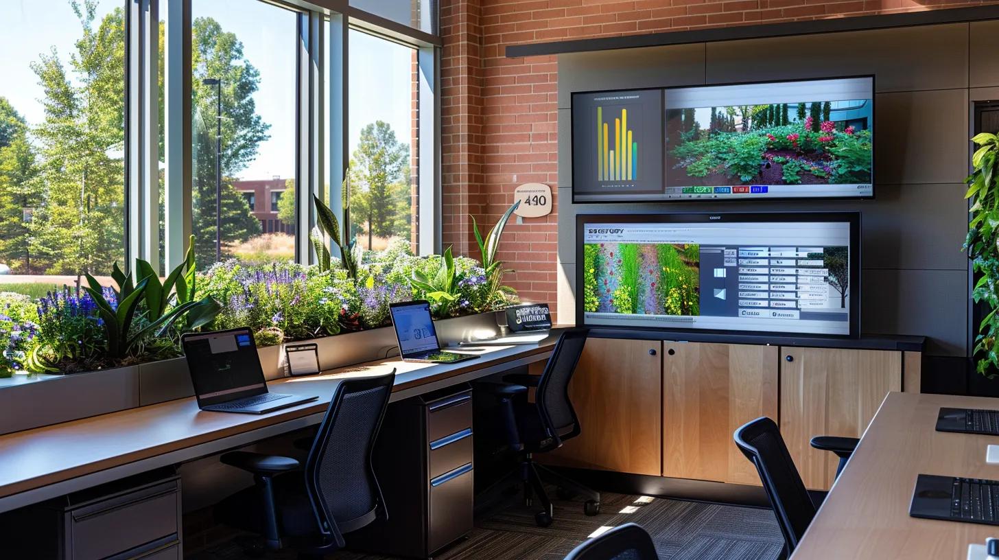 a sleek, modern office workspace showcases a high-tech irrigation system prototype, featuring digital displays and smart controls, emphasizing efficiency and innovation in lawn care technology. a sleek, modern office workspace showcases a high-tech irrigation system prototype, featuring digital displays and smart controls, emphasizing efficiency and innovation in lawn care technology.