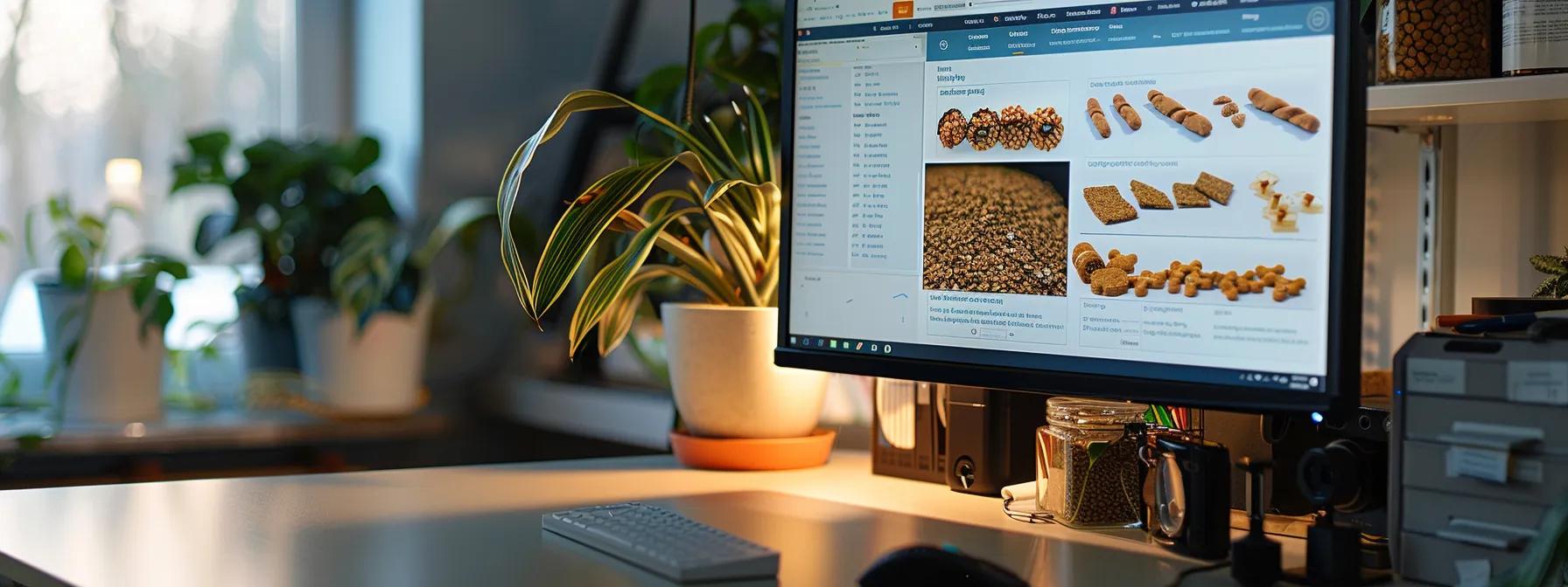 a sleek, modern office workspace showcases a computer screen displaying a vibrant, detailed online selection of natural soft dog treats, with nutritional charts and ingredient lists illuminated in clear, professional lighting. a sleek, modern office workspace showcases a computer screen displaying a vibrant, detailed online selection of natural soft dog treats, with nutritional charts and ingredient lists illuminated in clear, professional lighting.