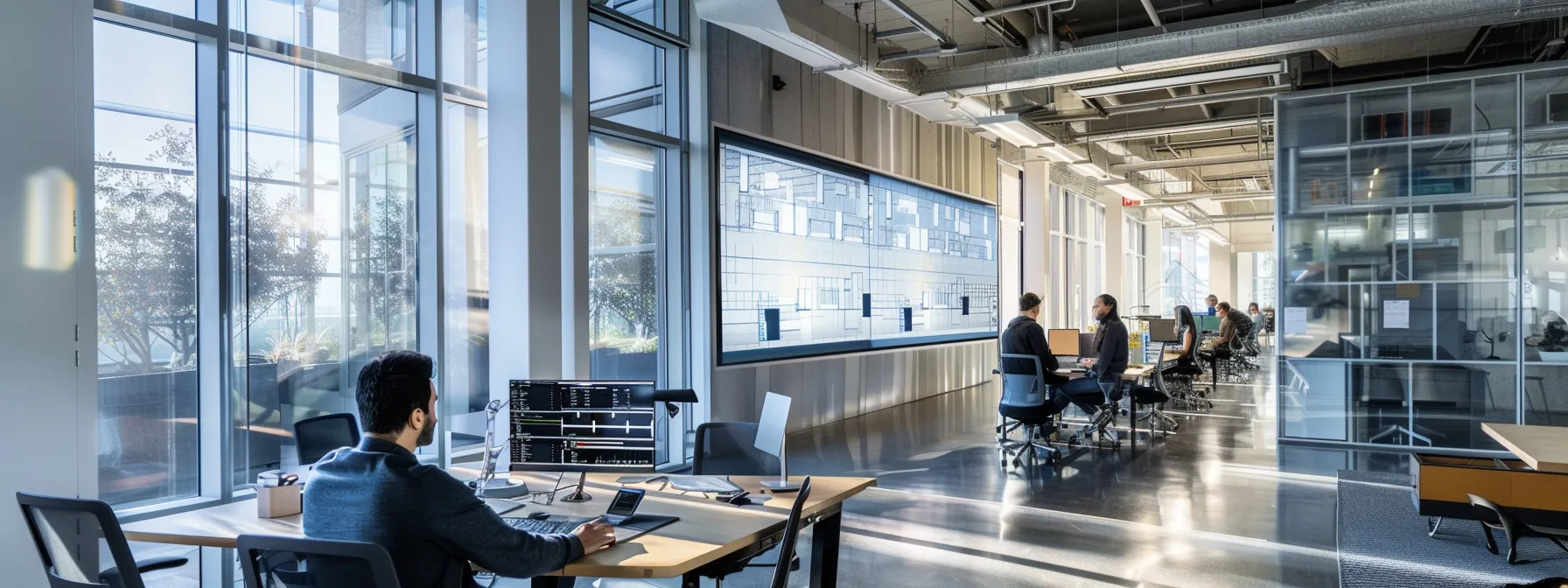 a sleek, modern office workspace showcases an architect meticulously configuring digital wall designs in revit on a large screen, emphasizing precise geometry and material layering in a vibrant, tech-driven atmosphere.