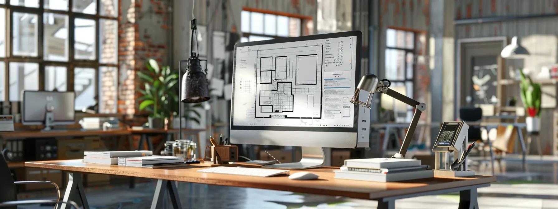 a sleek, modern office workspace displays a computer screen showcasing the revit software interface with highlighted options for creating a new project and selecting templates, surrounded by architectural plans and technical drawings for an immersive design environment.