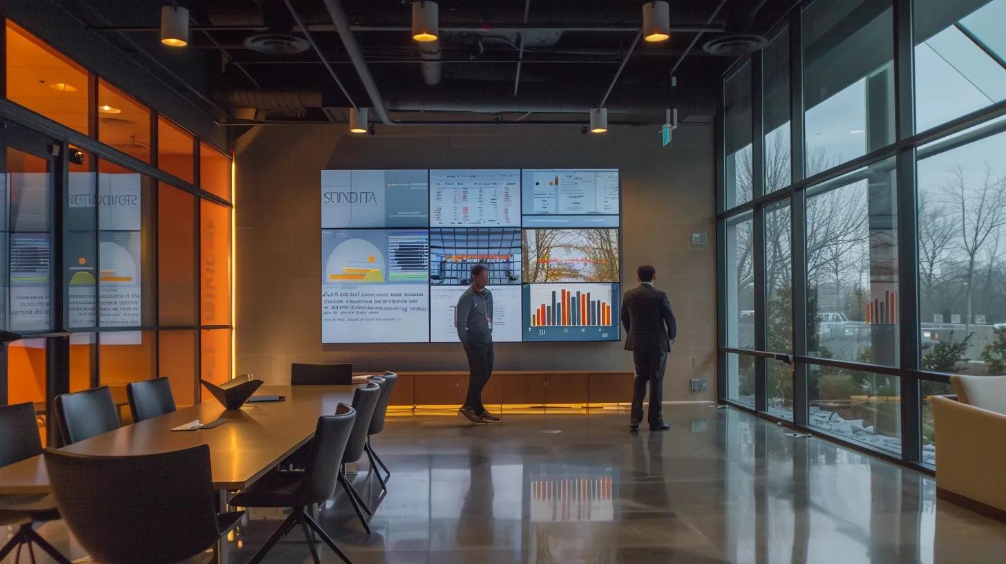 a sleek, modern office workspace showcases a large screen displaying knoxville tn contractor guidelines, surrounded by minimalistic furniture, warm ambient lighting, and focused professionals engaged in discussion.
