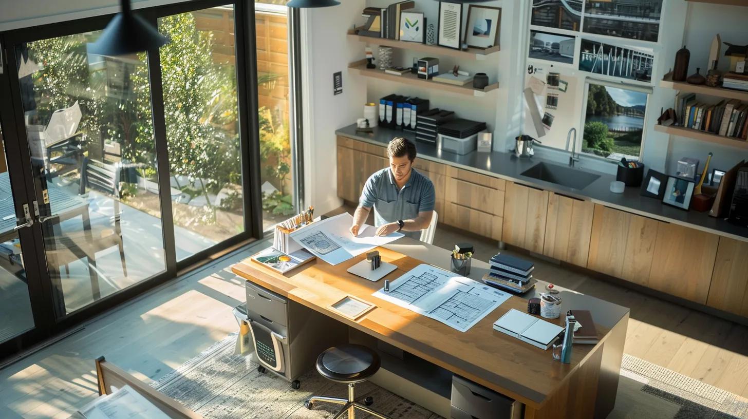 a sleek, modern office workspace showcases a professional contractor discussing gutter installation quotes with a homeowner, surrounded by detailed plans and a digital tablet displaying cost breakdowns in a well-lit, organized environment.