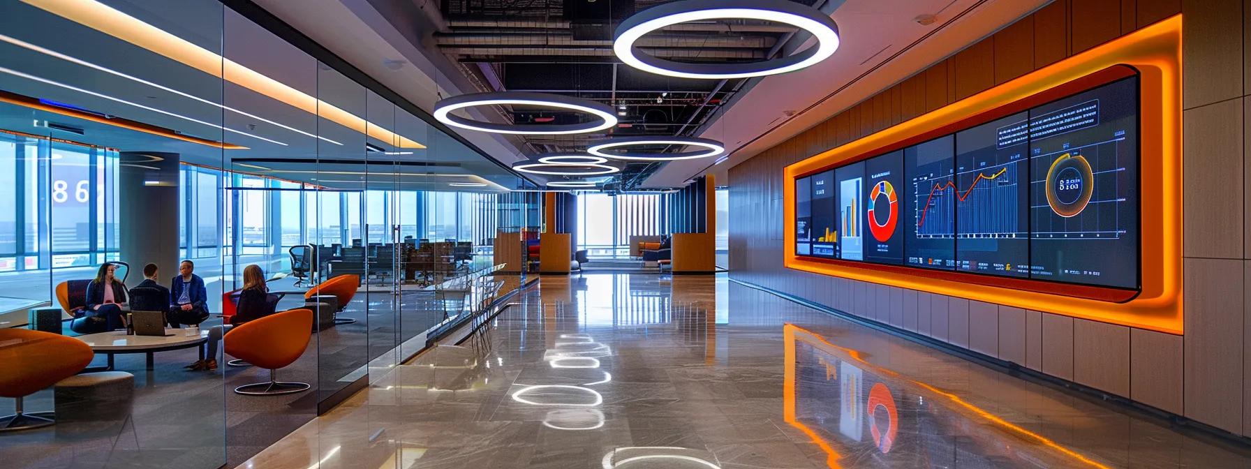 a sleek, modern office workspace features a large digital display showing real-time analytics and engagement metrics, with pr professionals intensely collaborating over data-driven strategies illuminated by soft artificial lighting.