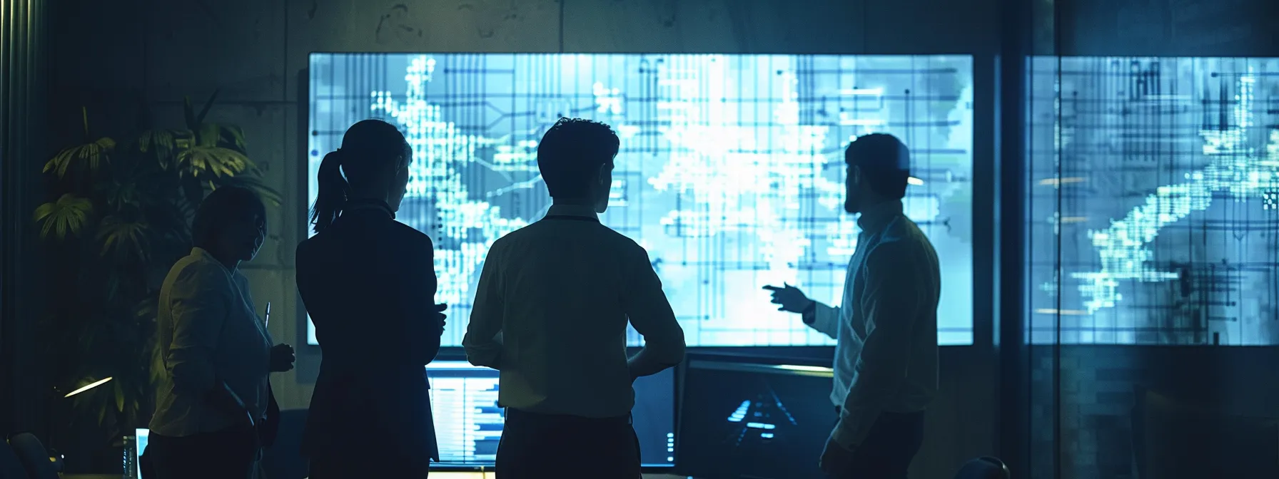a sleek, modern office workspace featuring a diverse group of professionals collaborating around a digital screen displaying ai-generated graphics and analytics, emphasizing the synergy between human creativity and advanced technology in content creation.