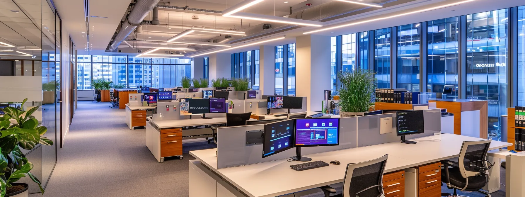 a sleek, modern office workspace with vibrant lighting showcases multiple high-tech screens displaying intricate data analytics, encapsulating the essence of innovative business strategy and technology integration.