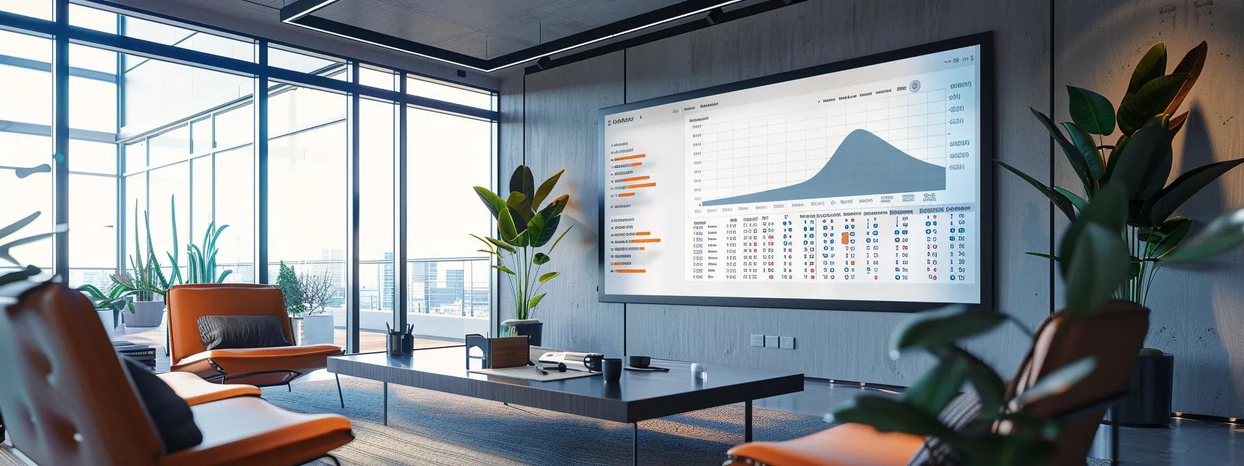a sleek, modern office workspace showcases a detailed comparison chart on a large digital screen, illustrating the financial breakdown of initial investments versus lifetime expenses for different home cooling systems, under bright, professional lighting.
