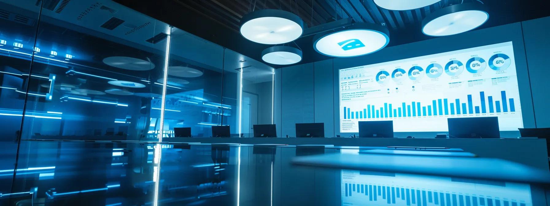 a sleek, modern office workspace features a large screen displaying a comparison chart of top-rated video production companies in dallas, illuminated by dramatic overhead lighting that emphasizes the meticulous organization of research materials spread across a polished conference table.