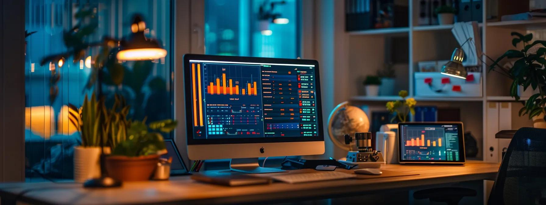 a sleek, modern office workspace featuring an illuminated computer screen displaying a meticulously organised website analytics dashboard, emphasising precise data visualisations and optimisation strategies for on-page technical improvements.