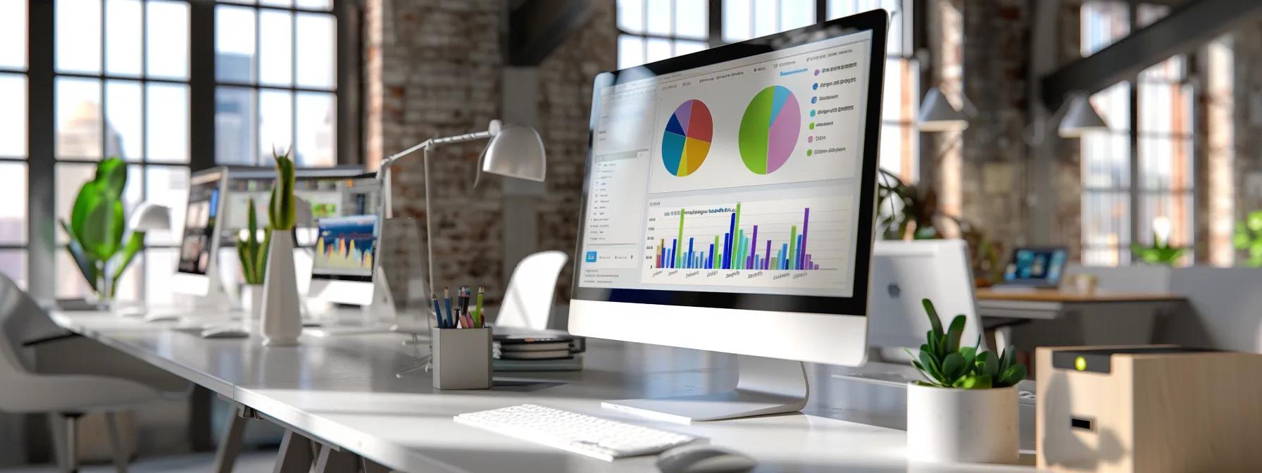 a sleek, modern office workspace with multiple computer screens displaying colorful graphs and analytics, highlighting the complexity of google advertising costs amidst a backdrop of a bustling digital marketing team in action.
