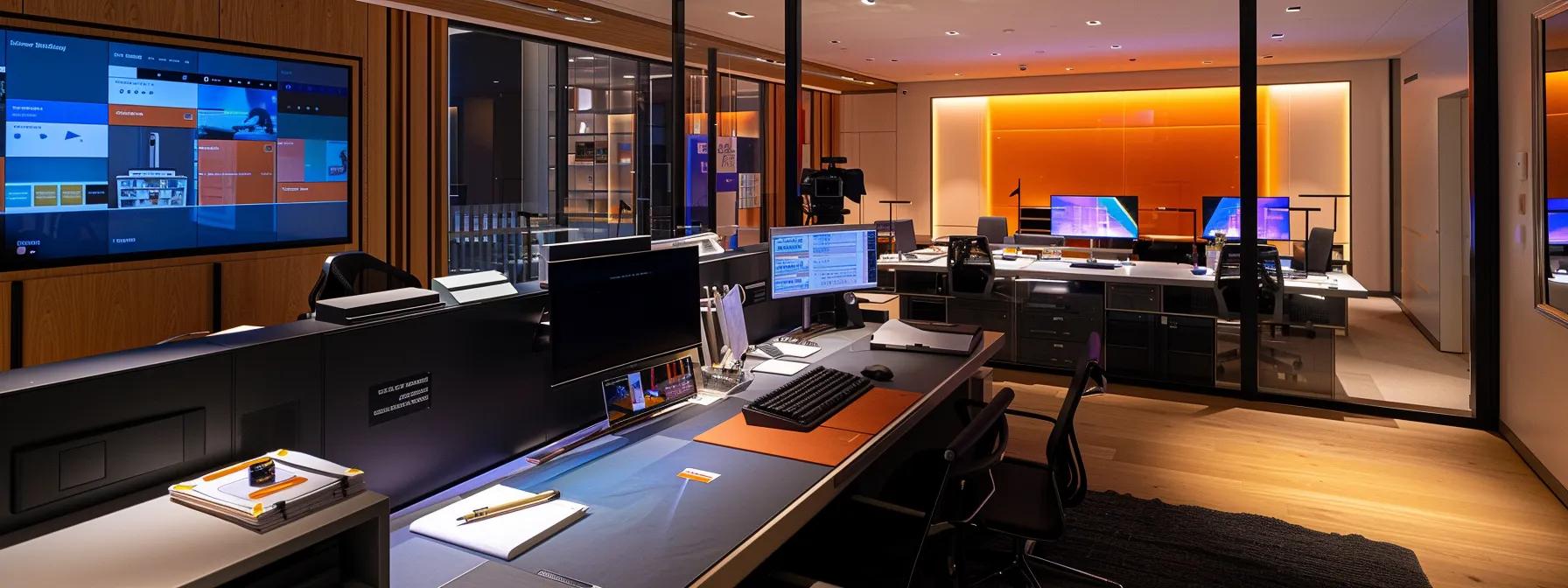 a sleek, modern office workspace displays an elegantly designed computer screen showcasing an imaginative, custom-built website interface, emphasising brand identity through intuitive layout and vibrant colour schemes, while a professional design team collaborates with digital tools in the background.