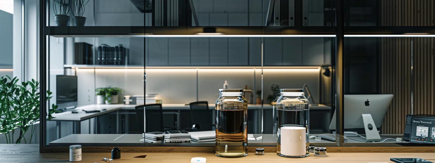 a sleek, modern office workspace features two contrasting glass jars filled with delta 8 and delta 9 thc products, illuminated by soft overhead lighting, emphasizing the thoughtful decision-making process surrounding anxiety relief. a sleek, modern office workspace features two contrasting glass jars filled with delta 8 and delta 9 thc products, illuminated by soft overhead lighting, emphasizing the thoughtful decision-making process surrounding anxiety relief.