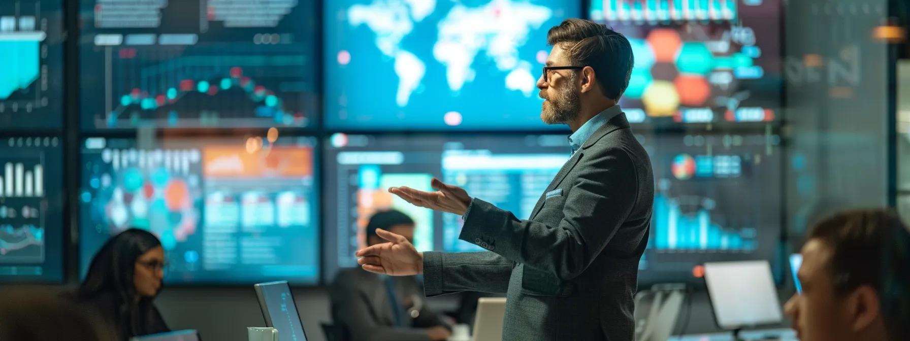 a sleek, modern office workspace showcases a confident professional pitching a brand to an invisible audience, surrounded by vibrant screens displaying media highlights and strategic notes, conveying a sense of innovation and high-stakes engagement.