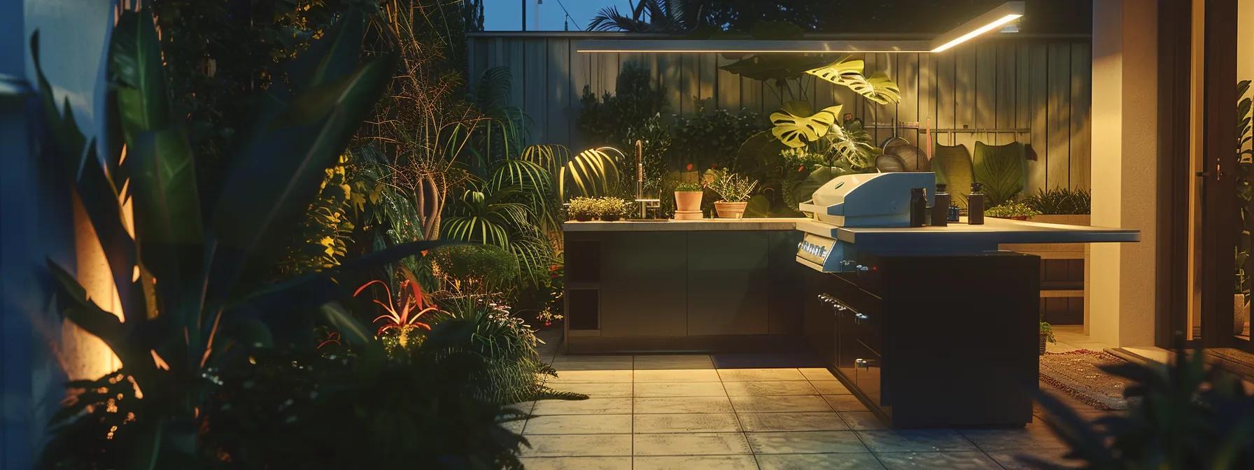 a sleek, modern outdoor kitchen designed with a practical layout showcases a stylish grill, integrated storage solutions, and seamless seating areas, all illuminated by ambient lighting, emphasizing functionality and social interaction in an elegant patio setting. a sleek, modern outdoor kitchen designed with a practical layout showcases a stylish grill, integrated storage solutions, and seamless seating areas, all illuminated by ambient lighting, emphasizing functionality and social interaction in an elegant patio setting.